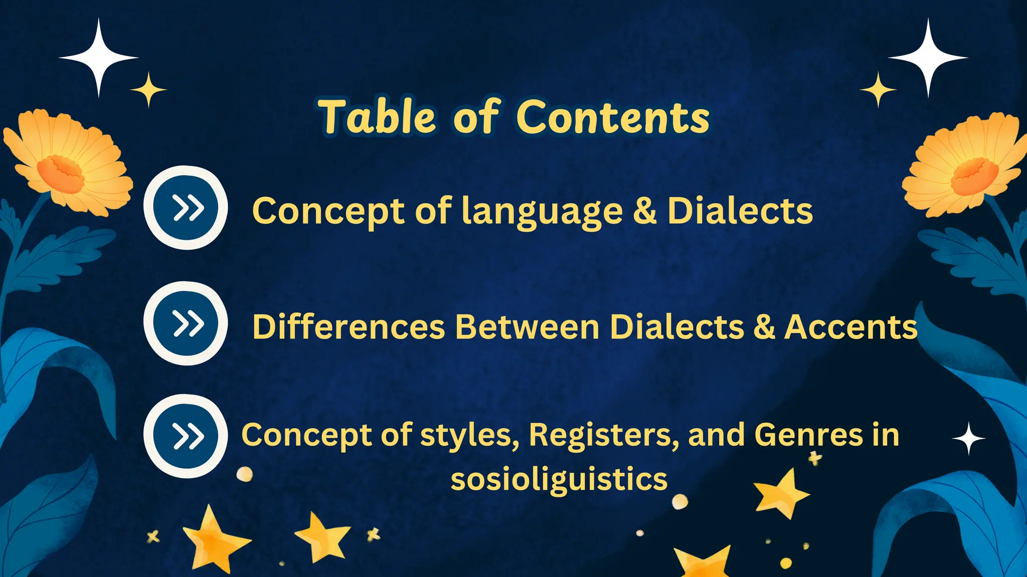 Table of Contents
Table of Contents
Concept of language & Dialects
Differences Between Dialects & Accents
Concept of styles, Registers, and Genres in
sosioliguistics
 