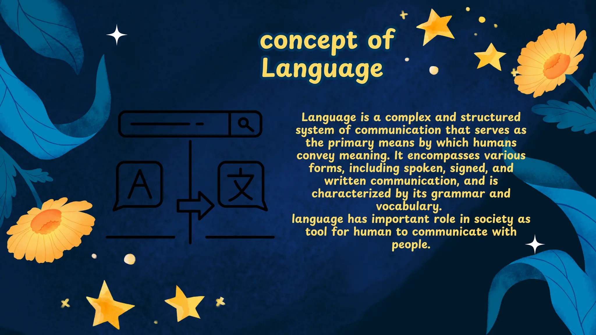 concept of
Language
concept of
Language
Language is a complex and structured
system of communication that serves as
the primary means by which humans
convey meaning. It encompasses various
forms, including spoken, signed, and
written communication, and is
characterized by its grammar and
vocabulary.
language has important role in society as
tool for human to communicate with
people.
 