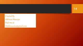 14
Created By
Abhinav Maurya
Mail me at
Mabhinav60@gmail.com
 