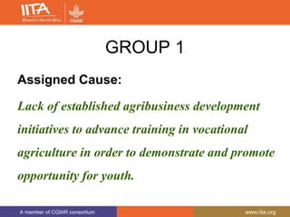 A member of CGIAR consortium www.iita.org
GROUP 1
Assigned Cause:
Lack of established agribusiness development
initiatives to advance training in vocational
agriculture in order to demonstrate and promote
opportunity for youth.
 