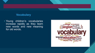 Click to edit Master title style
11
11
Vocabulary
• Young children’s vocabularies
increase rapidly as they learn
new words and new meaning
for old words.
 