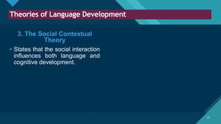 Click to edit Master title style
23
Theories of Language Development
23
3. The Social Contextual
Theory
• States that the social interaction
influences both language and
cognitive development.
 