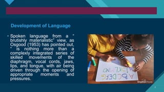 Click to edit Master title style
3 3
Development of Language
• Spoken language from a “
brutishly materialistic” view, as
Osgood (1953) has pointed out,
“ is nothing more than a
complexly integrated series of
skilled movements of the
diaphragm, vocal cords, jaws,
lips, and tongue, with air being
driven through the opening of
appropriate moments and
pressures.
 
