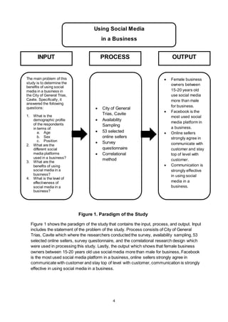 4
Using Social Media
in a Business
The main problem of this
study is to determine the
benefits of using social
media in a business in
the City of General Trias,
Cavite. Specifically, it
answered the following
questions:
1. What is the
demographic profile
of the respondents
in terms of:
a. Age
b. Sex
c. Position
2. What are the
different social
media platforms
used in a business?
3. What are the
benefits of using
social media in a
business?
4. What is the level of
effectiveness of
social media in a
business?
 City of General
Trias, Cavite
 Availability
Sampling
 53 selected
online sellers
 Survey
questionnaire
 Correlational
method
 Female business
owners between
15-20 years old
use social media
more than male
for business.
 Facebook is the
most used social
media platform in
a business.
 Online sellers
strongly agree in
communicate with
customer and stay
top of level with
customer.
 Communication is
strongly effective
in using social
media in a
business.
INPUT PROCESS OUTPUT
Figure 1. Paradigm of the Study
Figure 1 shows the paradigm of the study that contains the input, process, and output. Input
includes the statement of the problem of the study. Process consists of City of General
Trias, Cavite which where the researchers conducted the survey, availability sampling, 53
selected online sellers, survey questionnaire, and the correlational research design which
were used in processing this study. Lastly, the output which shows that female business
owners between 15-20 years old use social media more than male for business, Facebook
is the most used social media platform in a business, online sellers strongly agree in
communicate with customer and stay top of level with customer, communication is strongly
effective in using social media in a business.
 