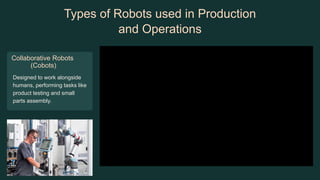 Types of Robots used in Production
and Operations
Collaborative Robots
(Cobots)
Designed to work alongside
humans, performing tasks like
product testing and small
parts assembly.
 