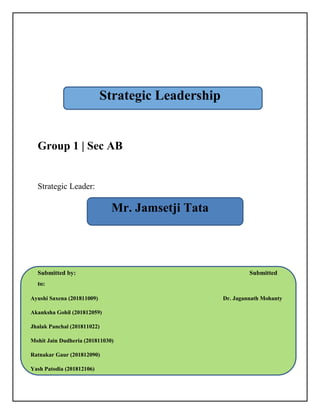 Strategic Leadership
Group 1 | Sec AB
Strategic Leader:
Mr. Jamsetji Tata
Submitted by: Submitted
to:
Ayushi Saxena (201811009) Dr. Jagannath Mohanty
Akanksha Gohil (201812059)
Jhalak Panchal (201811022)
Mohit Jain Dudheria (201811030)
Ratnakar Gaur (201812090)
Yash Patodia (201812106)
 