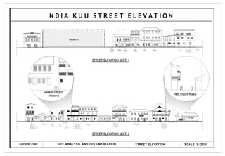 N D I A K U U S T R E E T E L E V A T I O N
GROUP ONE SITE ANALYSIS AND DOCUMENTATION STREET ELEVATION SCALE 1: 200
Traditionalwindow
shuttersanddoors
Plastercarved
lint e l,
s columnsand
stringcoursepartly
Precastventblock
balustradestorey
addedlaterdam
aged.
decorativefascia
board
Traditionalwindow
shutterswithvertical
bars
String course Rough cast plaster
in appropriate
louvredglass windows
Pedestrian
lane
Balcony House
Carved wooden
bracket
Diagonal wood
panelling & crossed
fAscia boar.d
Original cURVED DOOR
Mashallah gallery
carpet & ANTIQUE SHOP
traditional
window
shutters with
vertical bars
Louvred
window
shutters on
upper storey
String course
One-way traffic
lane
to mubarak hinay
road
Pedestrian
lane
Pedestrian
lane TO THE
MOSQUE
2,000
700 1,000 670 1,500 1,050
3,000
3,300
1,500
300
2,700
1,500
250
1,500
1,300 1000 1,160 1,700
2,250
3,000
1,200 1,100
2,200
4,000
1,500 1,700 500 1,100 500 1,100 500 1,200 560
600 1,100 2,100 2,400 1,200 1,100 800
4,400 12,600 10,000 14,700 1,400 9,000 13,050 1,300
6,200 11,300 10,300 4,400 8,900 15,000 1,400 9,700 1,300 10,700 3,100 16,050 2,000 13,200 6,000 17,700
600 1,000 500 1,800 500 1,000 900 1,000 900 1,400 1,050
1,200
1,800
ALI'S
CURI
O
MARK
ET
thikastreet
O
n
e -way trafficlane
from oldport & and
governm
entsquare
GROUND FLOOR- LOOKMANJI
CURIO SHOP
DECORATIVE WOODEN
BRACKETS& FASCIA
BALCONY FRONT COVERED WITH
WOOD PANELLING
TRADITIONAL WINDOWSHUTTERS
AND CURVED DOOR
decorative timber balustrades
& fascia board
painting on wall
external timber staircase to
upper stories
wooden balustrades
louvred screen and fascia
board
curved plastered lintels
STEEL CASEMENT WINDOWS
BALCONY ALTERED WITH
PRECAST CONCRETE VENTS
WHITE HOUSE OLD POLICE
STATION
EXISTING
RESTAURANT
OLD PORTUGUESE
CHURCH
ILLUSTRATES MOMBASA
ARCHITECTURAL STYLE
COVERED BALCONIES
SUPPORTED BY CRISS-
CROSSING HORIZONTAL AND
VERTICAL WOODEN
POSTS
10,200
WIDEFEEDERROADS
NARROWSTREETS
(Vitotoro)
STREET ELEVATION SECT. 2
STREET ELEVATION SECT. 1
PROPOSED SITE
 