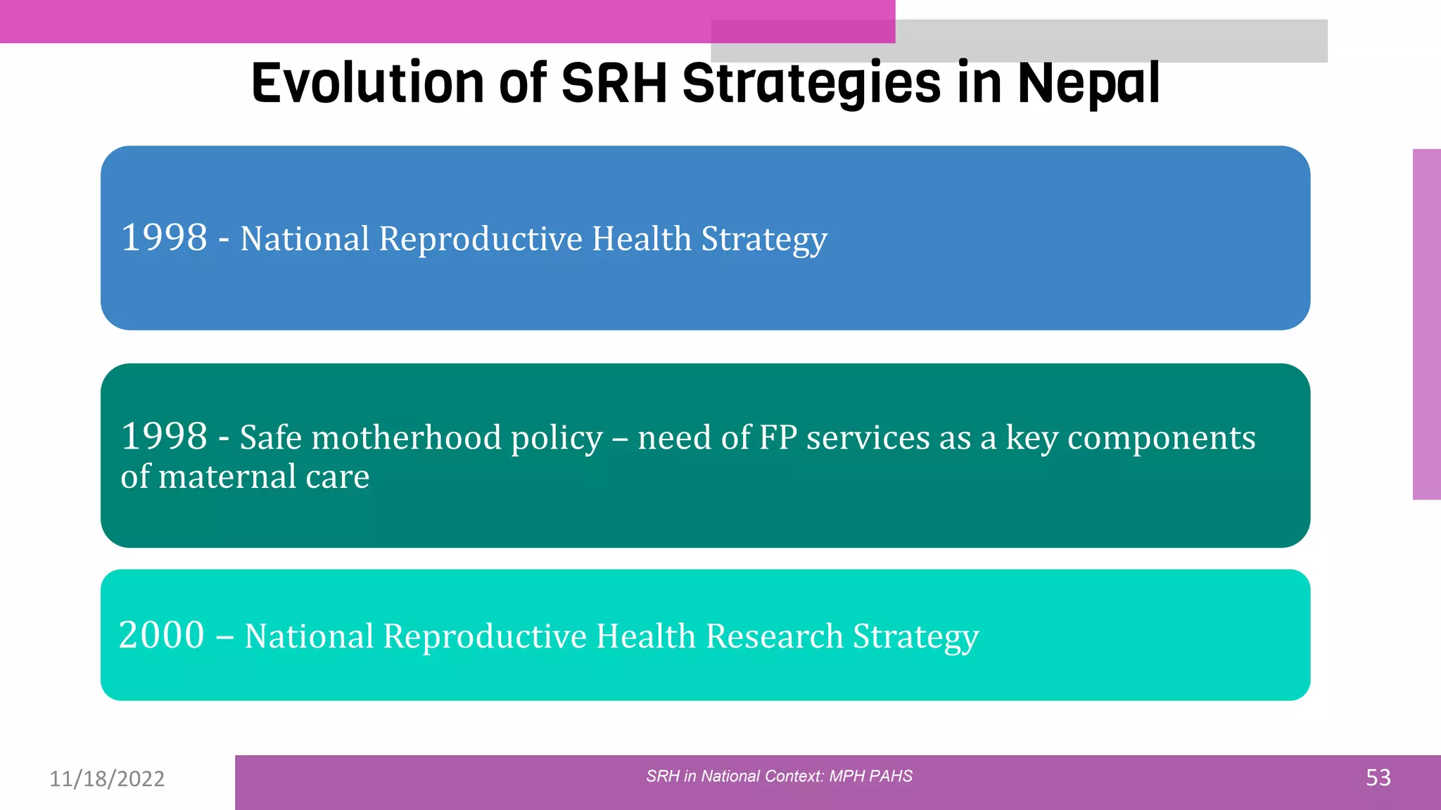 11/18/2022 53
Evolution of SRH Strategies in Nepal
SRH in National Context: MPH PAHS
1998 - National Reproductive Health Strategy
1998 - Safe motherhood policy – need of FP services as a key components
of maternal care
2000 – National Reproductive Health Research Strategy
 