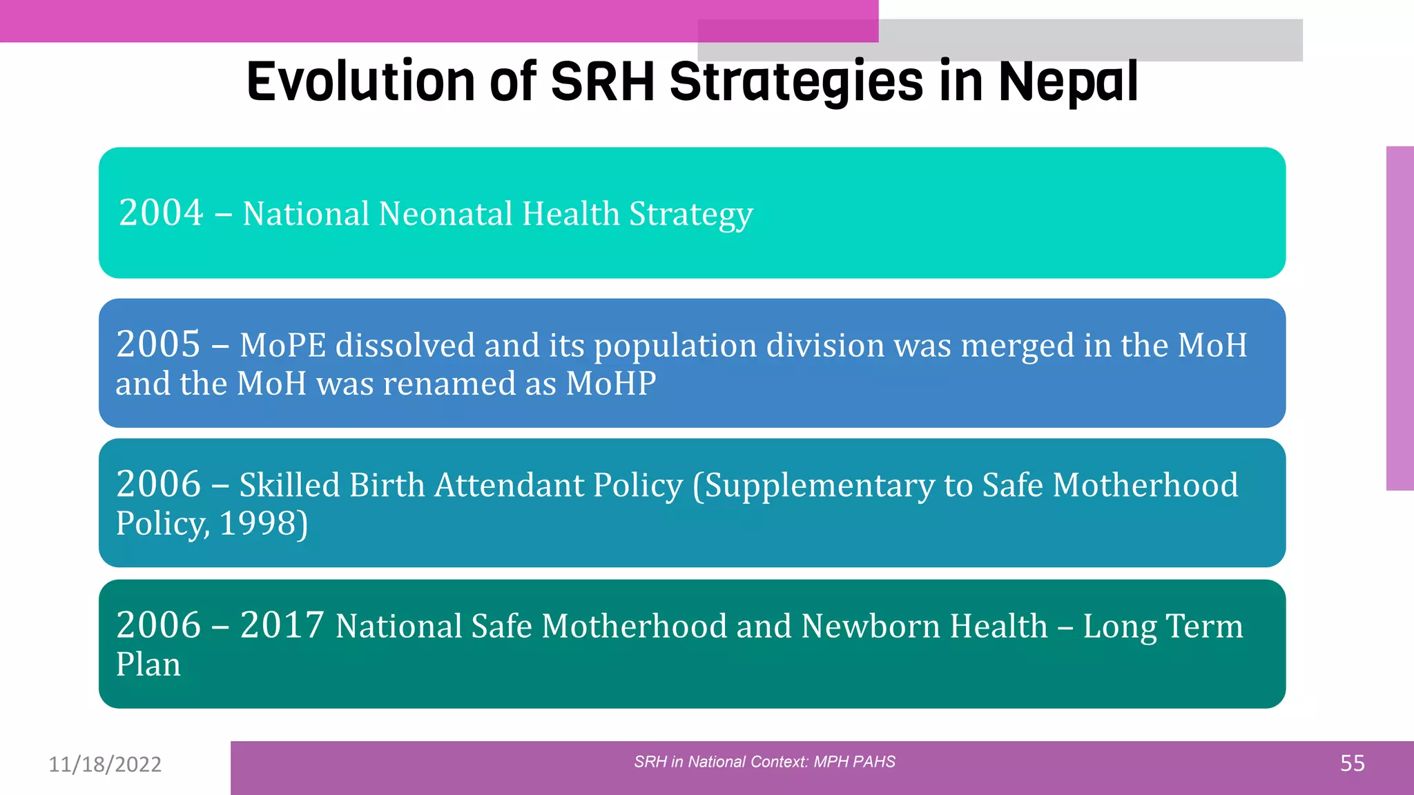 11/18/2022 55
Evolution of SRH Strategies in Nepal
SRH in National Context: MPH PAHS
2005 – MoPE dissolved and its population division was merged in the MoH
and the MoH was renamed as MoHP
2006 – Skilled Birth Attendant Policy (Supplementary to Safe Motherhood
Policy, 1998)
2006 – 2017 National Safe Motherhood and Newborn Health – Long Term
Plan
2004 – National Neonatal Health Strategy
 