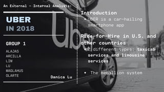 ALAJAS
ARCILLA
LIM
LU
MAGLAHUS
OLARTE
UBER
IN 2018
GROUP 1
An External - Internal Analysis:
UBER is a car-hailing
smartphone app
2 different types: taxicab
services and limousine
services
The medallion system
Introduction
Ride-for-Hire in U.S. and
other countries
Danica Lu
 