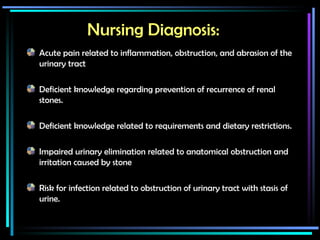 Nursing Diagnosis: Acute pain related to inflammation, obstruction, and abrasion of the urinary tract Deficient knowledge regarding prevention of recurrence of renal stones. Deficient knowledge related to requirements and dietary restrictions. Impaired urinary elimination related to anatomical obstruction and irritation caused by stone Risk for infection related to obstruction of urinary tract with stasis of urine. 