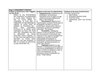Stage 2 ASSESSMENT EVIDENCE
Product or Performance Task: Paggawa      Evidence at the level of understanding:      Evidence at the level of performance:
ng Case Study                              1. Pagpapaliwanag (naipaliliwanag ang       Formative Assessments:
      Malapit na ang ika-limandaang            kahalagahan ng kasaysayan ,                1. Map Analysis
      taon anibersaryo ng pagkakatatag         heograpiya at tao sa pagbuo at pag-        2. Anticipation-Reaction Guide
      ng inyong bayan. Kaugnay nito,           unlad ng sinaunang kabihasnang             3. Think-Pair Share
      nais ng inyong alkalde na                Pilipino “Mind Mapping”                    4. Pagsisintesis gamit ang Concept
      magpalabas ng isang aklat na        2.       Interpretasyon (Bigyang Puna              Map
      magpapakita sa mga pagbabagong      napananagutan ng bawat mamamayan na
      naganap sa inyong bayan sa          pangalagaan ang likas na yaman at
      nakalipas ng limandaang taon .      preserbasyon ng pamanang cultural at
      bilang     isang    mananaliksik,   kasaysayan ng bansa at ng kanilang
      kinumisyon ka ng alkalde upang      komunidad “ Film Analysis”
      magsagawa ng isang case study       3.       Perspektibo ( nabibigyang
      kung saan maipapakita ang local     katwiran na para sa kabutihan ng bansa
      na     kasaysayan   ng     inyong   lalo nang susunod na henerasyon ang
      bayan.Nais niyang maipakita mo      masinop at hindi mapanirang paggamit at
      sa case study ang pagsisismula at   paglinang ng mga likas na yaman,
      pag-unlad ng inyong bayan           pangangalaga sa kapaligiran at
      gayundin ang mga pangyayari at      preserbasyon ng pamanang kultural at
      salik na humubog sa pamumuhay       kasaysayan ng bawat pamayanan sa
      ng mga mamamayan nito.              bansa “Buzz Session”
                                          4.       Paglalapat (paglahok sa mga
                                          aktibidao o maihayag ang paninindigan sa
                                          mga isyung pangkapaligiran at cultural na
                                          banta o sumisira sa kapaligiran o likas na
                                          yaman at preserbasyon ng mga
                                          pamanang cultural at kasaysayan ng
                                          bansa “ Poster Making”
 