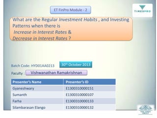 ET FinPro Module - 2

What are the Regular Investment Habits , and Investing
Patterns when there is
Increase in Interest Rates &
Decrease in Interest Rates ?

Batch Code: HYD01AA0213
Faculty :

30th October 2013

Vishwanathan Ramakrishnan

Presenter’s Name

Presenter’s ID

Gyaneshwary

E1300310000151

Sumanth

E1300310000107

Farha

E1300310000133

Silambarasan Elango

E1300310000132

 