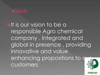 It is our vision to be a 
responsible Agro chemical 
company , integrated and 
global in presence , providing 
innovative and value 
enhancing propositions to our 
customers 
 