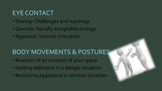EYE CONTACT 
• Staring- Challenges and warnings. 
• Glances- Socially acceptable timings. 
• Appraisal- Interest indication. 
BODY MOVEMENTS & POSTURES 
• Reaction of an invasion of your space 
• Getting defensive in a danger situation 
• Becoming aggressive in adverse situation. 
 