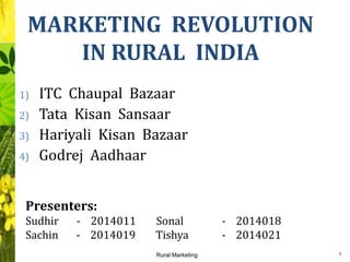 MARKETING REVOLUTION
IN RURAL INDIA
1) ITC Chaupal Bazaar
2) Tata Kisan Sansaar
3) Hariyali Kisan Bazaar
4) Godrej Aadhaar
1
Presenters:
Sudhir - 2014011 Sonal - 2014018
Sachin - 2014019 Tishya - 2014021
Rural Marketing
 