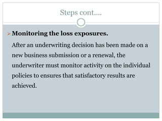 Steps cont….
Monitoring the loss exposures.
After an underwriting decision has been made on a
new business submission or a renewal, the
underwriter must monitor activity on the individual
policies to ensures that satisfactory results are
achieved.
 