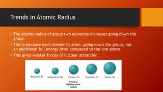 Trends in Atomic Radius
• The atomic radius of group two elements increases going down the
group.
• This is because each element’s atom, going down the group, has
an additional full energy level compared to the one above.
• This gives weaker forces of nuclear attraction.
 