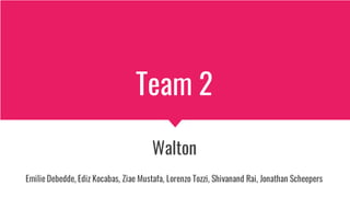 Team 2
Walton
Emilie Debedde, Ediz Kocabas, Ziae Mustafa, Lorenzo Tozzi, Shivanand Rai, Jonathan Scheepers
 