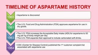 TIMELINE OF ASPARTAME HISTORY
1965
• Aspartame is discovered
1981
• The U.S. Food and Drug Administration (FDA) approves aspartame for use in
dry goods.
1983
• The U.S. FDA increases the Acceptable Daily Intake (ADI) for aspartame to 50
mg per kg of body weight per day.
• The U.S. FDA expands their approval to include carbonated soft drinks.
1984
• CDC (Center for Disease Control) published the 1st customer complaint list
associated with aspartame use
 