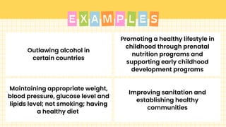 A S
X P
M L E
E
Outlawing alcohol in
certain countries
Improving sanitation and
establishing healthy
communities
Promoting a healthy lifestyle in
childhood through prenatal
nutrition programs and
supporting early childhood
development programs
Maintaining appropriate weight,
blood pressure, glucose level and
lipids level; not smoking; having
a healthy diet
 