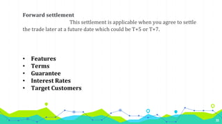 33
Forward settlement
This settlement is applicable when you agree to settle
the trade later at a future date which could ...