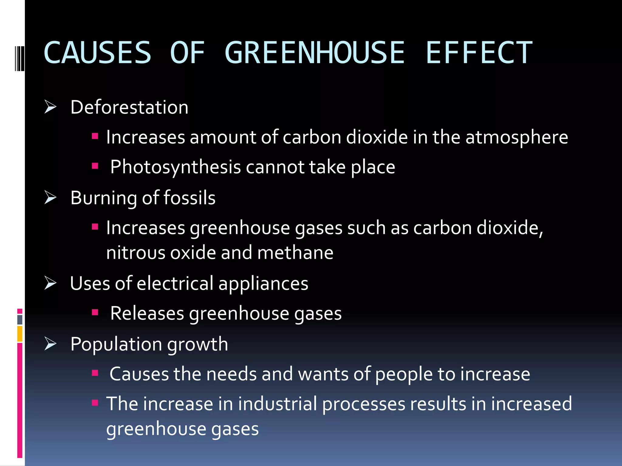 CAUSES OF GREENHOUSE EFFECT
 Deforestation

 Increases amount of carbon dioxide in the atmosphere
 Photosynthesis cannot take place
 Burning of fossils
 Increases greenhouse gases such as carbon dioxide,
nitrous oxide and methane
 Uses of electrical appliances
 Releases greenhouse gases
 Population growth
 Causes the needs and wants of people to increase
 The increase in industrial processes results in increased
greenhouse gases

 