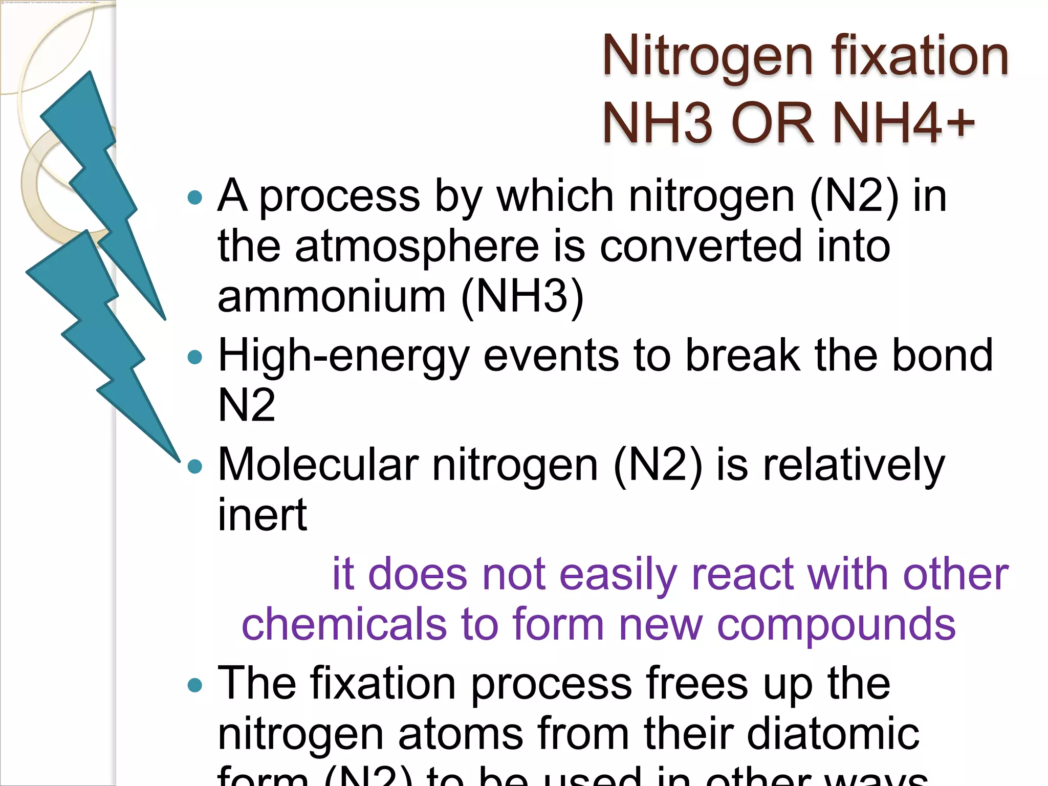 Nitrogen fixation
NH3 OR NH4+
A process by which nitrogen (N2) in
the atmosphere is converted into
ammonium (NH3)
 High-energy events to break the bond
N2
 Molecular nitrogen (N2) is relatively
inert
it does not easily react with other
chemicals to form new compounds
 The fixation process frees up the
nitrogen atoms from their diatomic


 