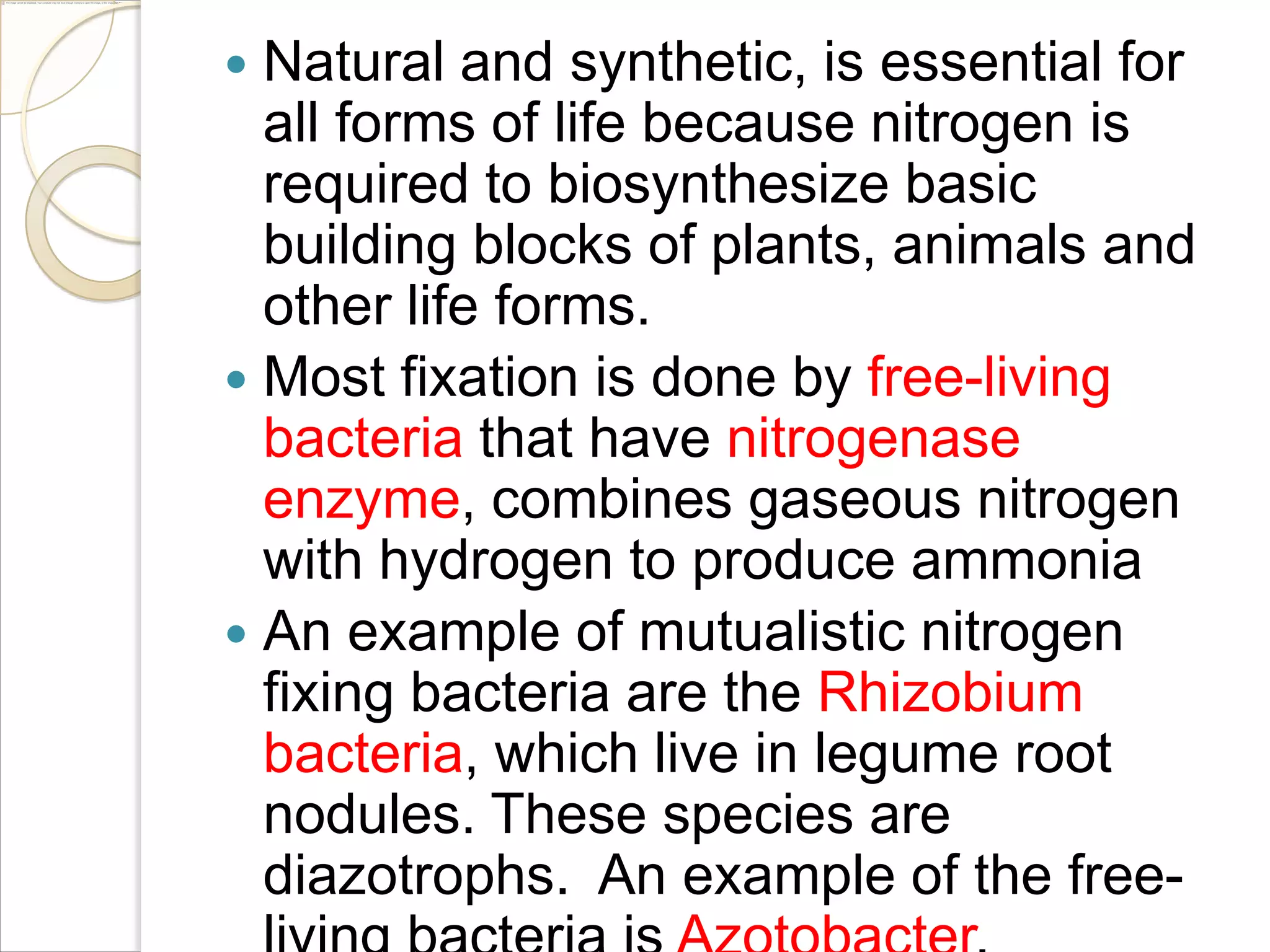 Natural and synthetic, is essential for
all forms of life because nitrogen is
required to biosynthesize basic
building blocks of plants, animals and
other life forms.
 Most fixation is done by free-living
bacteria that have nitrogenase
enzyme, combines gaseous nitrogen
with hydrogen to produce ammonia
 An example of mutualistic nitrogen
fixing bacteria are the Rhizobium
bacteria, which live in legume root
nodules. These species are
diazotrophs. An example of the free

 