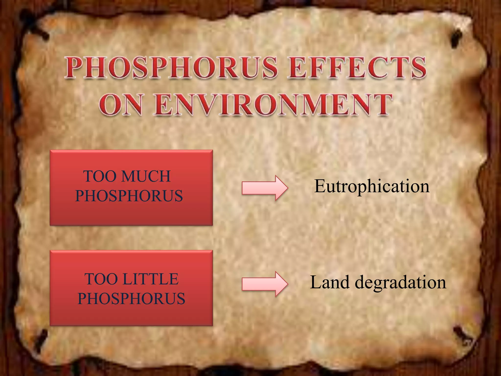 TOO MUCH
PHOSPHORUS

Eutrophication

TOO LITTLE
PHOSPHORUS

Land degradation

 