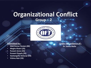 Organizational Conflict
Group – 2
Submitted by:-
• Alok Kumar Ranjan (06)
• Megha Khatri (26)
• Puneet Arora (34)
• Puneet Chawla (35)
• Swetangshu Acharya (54)
• Vishnu Nair (59)
Under the guidance of:-
Dr. Sweta Malla
 