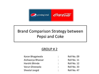 Brand Comparison Strategy between
         Pepsi and Coke

                  GROUP # 2
   Karan Bhagatwala           :   Roll No. 09
   Aishwarya Bhavsar          :   Roll No. 11
   Harshit Bhinde             :   Roll No. 12
   Varun Gheewala             :   Roll No. 33
   Sheetal Jangid             :   Roll No. 47
 