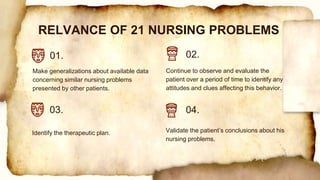 Continue to observe and evaluate the
patient over a period of time to identify any
attitudes and clues affecting this behavior.
Make generalizations about available data
concerning similar nursing problems
presented by other patients.
RELVANCE OF 21 NURSING PROBLEMS
01. 02.
03. 04.
Identify the therapeutic plan. Validate the patient’s conclusions about his
nursing problems.
 