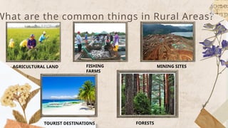 What are the common things in Rural Areas?
FISHING
FARMS
MINING SITES
AGRICULTURAL LAND
FORESTS
TOURIST DESTINATIONS
 