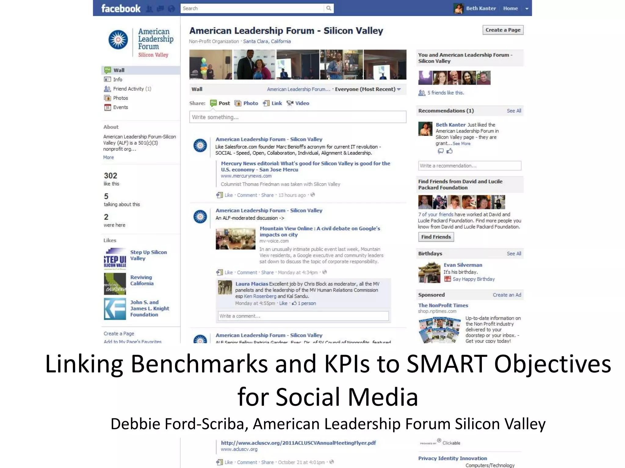 Linking Benchmarks and KPIs to SMART Objectives
               for Social Media
     Debbie Ford-Scriba, American Leadership Forum Silicon Valley
 
