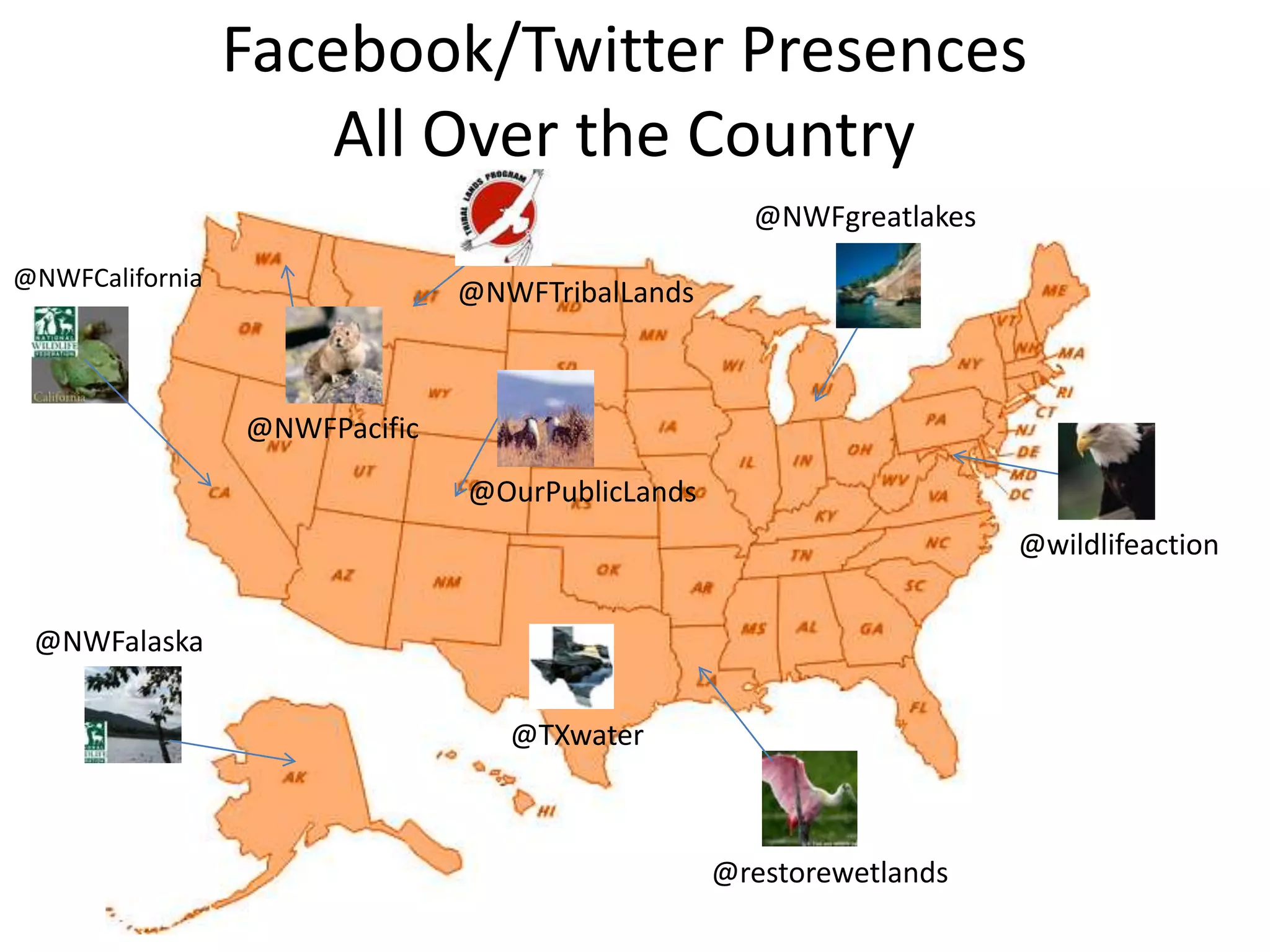 Facebook/Twitter Presences
                    All Over the Country
                                                   @NWFgreatlakes
@NWFCalifornia
                               @NWFTribalLands



                 @NWFPacific

                               @OurPublicLands
                                                                    @wildlifeaction


 @NWFalaska

                                  @TXwater



                                                 @restorewetlands
 