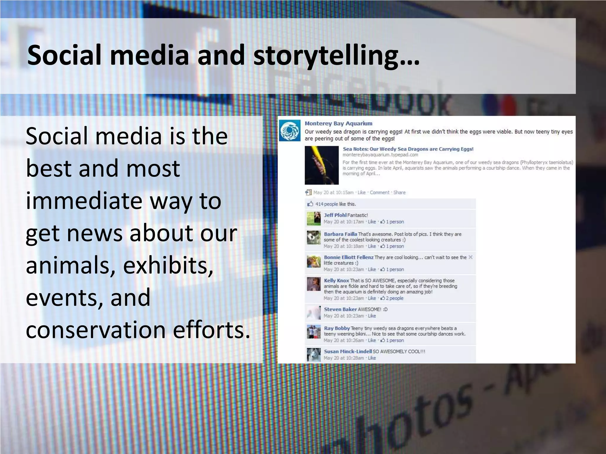 Social media and storytelling…

Social media is the
best and most
immediate way to
get news about our
animals, exhibits,
events, and
conservation efforts.
 