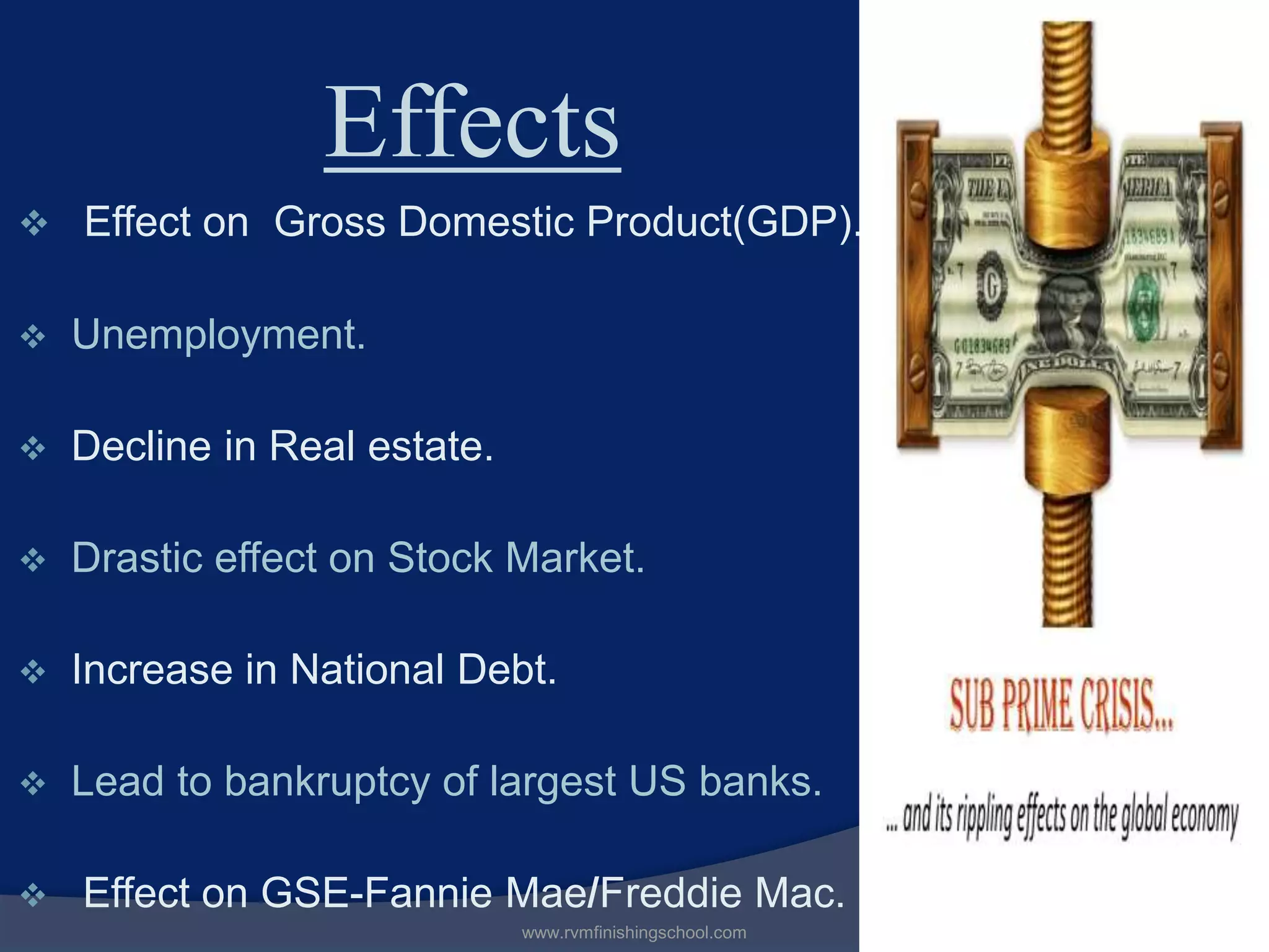Effects
Effect on Gross Domestic Product(GDP).
Unemployment.
Decline in Real estate.
Drastic effect on Stock Market.
Increase in National Debt.
Lead to bankruptcy of largest US banks.
Effect on GSE-Fannie Mae/Freddie Mac.
www.rvmfinishingschool.com