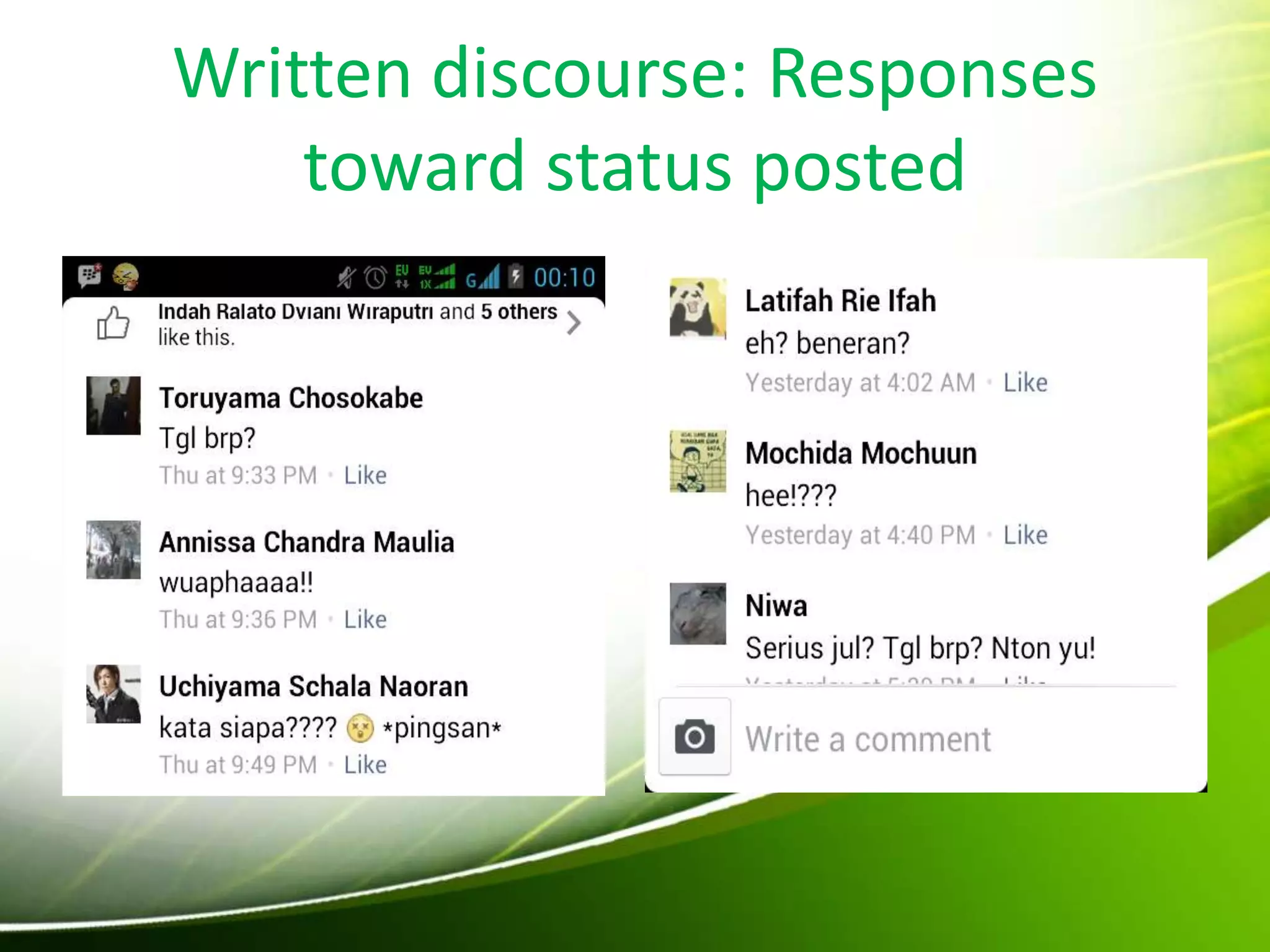 Written discourse: Responses
toward status posted
 
