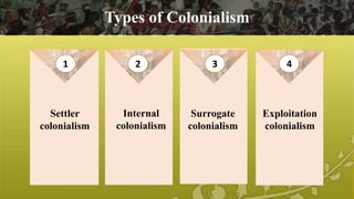 Settler
colonialism
Internal
colonialism
Surrogate
colonialism
Exploitation
colonialism
1 432
Types of Colonialism
 