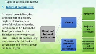 3. Internal colonialism:
In internal colonialism, the
strongest part of a country
might exploit other, less
powerful regions or peoples.
For instance in Sri Lanka, the
Tamil population felt the
Sinhalese majority oppressed
them — hence the decades-long
war between the Sri Lankan
government and terrorist group
the Tamil Tigers.
Results of
Internal
colonialism
slavery
segregation
Prejudice
and
stereotypes
Violence
(Structural
and
interpersonal)
Discrimination
(interpersonal
and
institutional)
Types of colonialism (cont.)
 