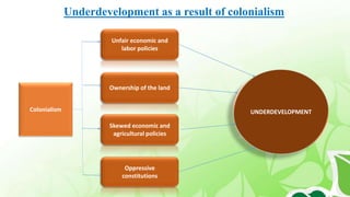 Colonialism
Unfair economic and
labor policies
Skewed economic and
agricultural policies
Ownership of the land
Oppressive
constitutions
UNDERDEVELOPMENT
Underdevelopment as a result of colonialism
 