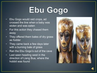 • Ebu Gogo would raid crops, ad 
crossed the line when a baby was 
stolen and was eaten 
• For this action they chased them 
away 
• They offered them bales of dry grass 
as fodder 
• They came back a few days later 
with a burning bale of grass 
• Ran the Ebu Gogo’s out of the cave 
• Last seen heading west in the 
direction of Liang Bua, where the 
hobbit was found 
 