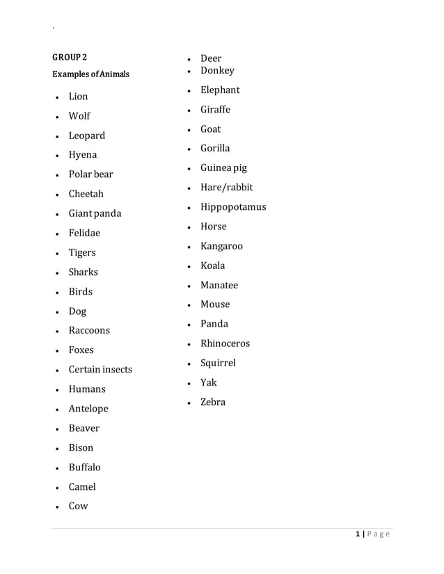 GROUP 2 Activity Examples Of Animals docx