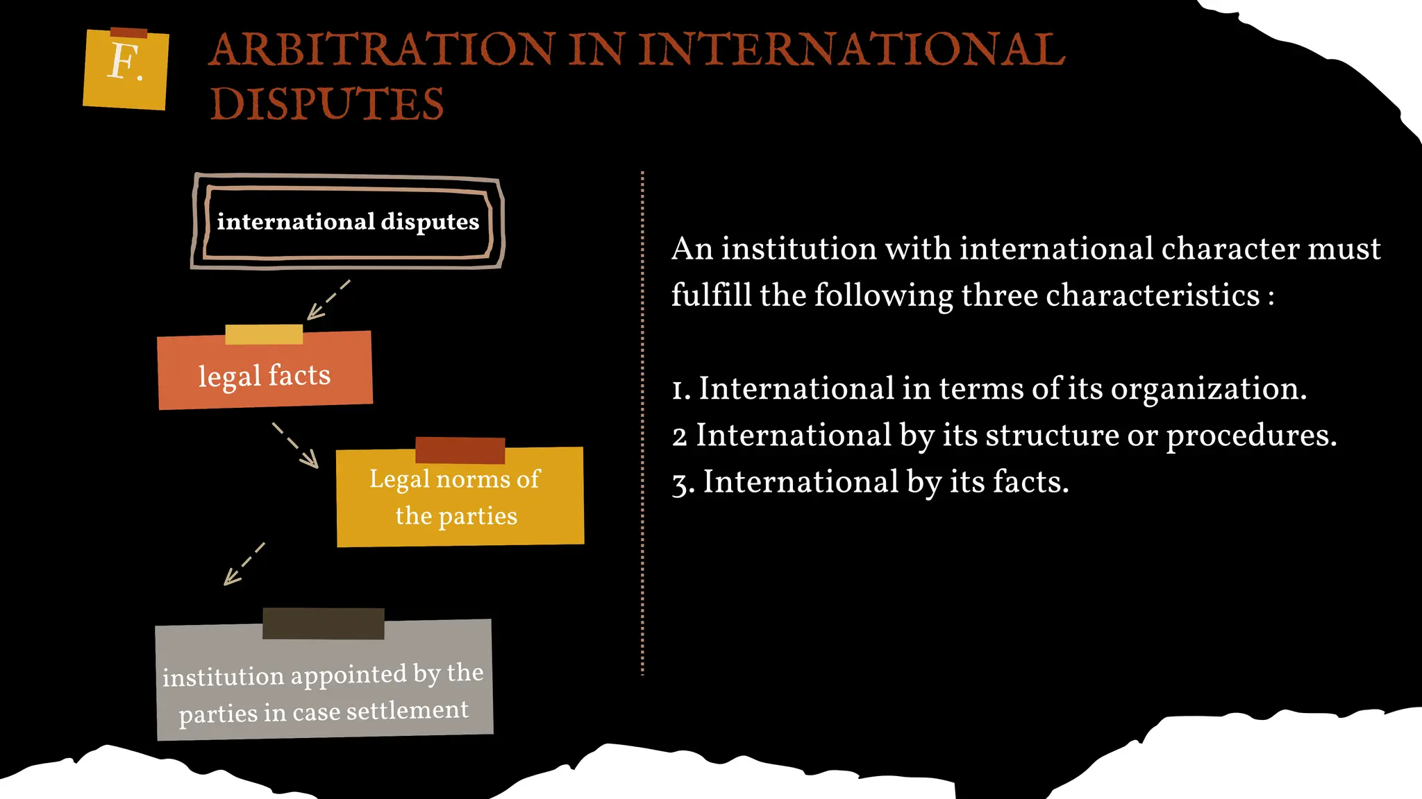 ARBITRATION IN INTERNATIONAL
DISPUTES
international disputes
legal facts
Legal norms of
the parties
institution appointed by the
parties in case settlement
An institution with international character must
fulfill the following three characteristics :
1. International in terms of its organization.
2 International by its structure or procedures.
3. International by its facts.
F.
 
