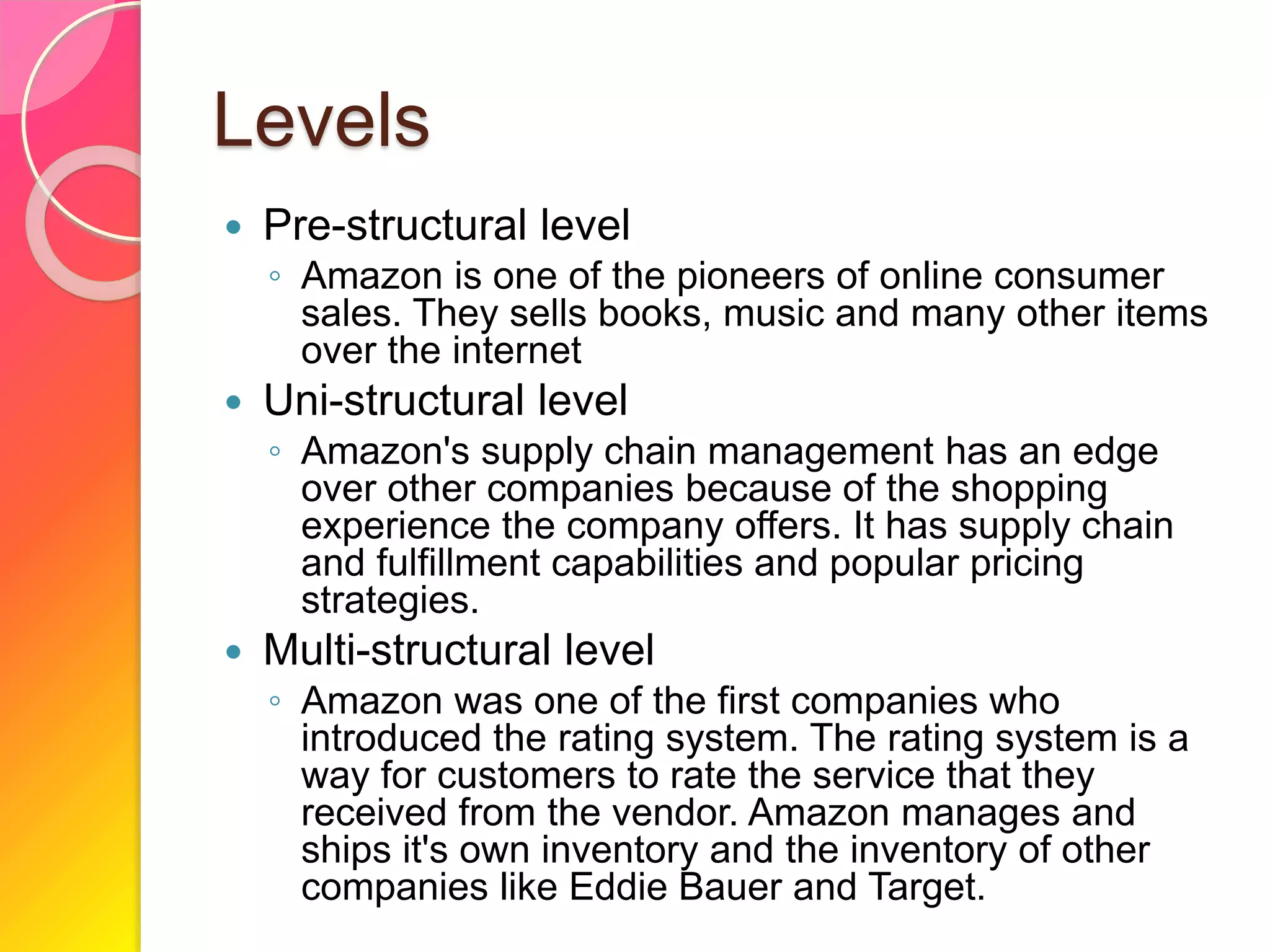 Levels
 Pre-structural level
◦ Amazon is one of the pioneers of online consumer
sales. They sells books, music and many other items
over the internet
 Uni-structural level
◦ Amazon's supply chain management has an edge
over other companies because of the shopping
experience the company offers. It has supply chain
and fulfillment capabilities and popular pricing
strategies.
 Multi-structural level
◦ Amazon was one of the first companies who
introduced the rating system. The rating system is a
way for customers to rate the service that they
received from the vendor. Amazon manages and
ships it's own inventory and the inventory of other
companies like Eddie Bauer and Target.
 