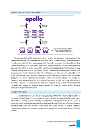SALES AND DISTRIBUTION LIVE PROJECT | GROUP 2 16
EVALUATING THE CURRENT CHANNEL
The current channel for truck fleet owners involve the company (manufacturer), the
dealer or the wholesaler and the truck fleet itself. After an interaction(s) with the dealer or
his salesman, the truck fleet makes a deal with the dealer for required number of tyres. Due
to the relationship built over years, the dealer enjoys enormous influence over the fleet
owner on the selection of the brand. The order frequency depends on the fleet size. It may
be once every 5-8 months or once every month. The dealer/wholesaler gives order to the
company every month. Dealer takes tyres from the company after depositing a fixed amount
in the company s account. They are supposed to make sales worth that much. Incentives like
discounts are provided by the companies for reaching specific milestones. The margin for
dealers in quite low at around 1%, but considering the cost of each truck tyre, 1 % margin is
a notable amount. The sales volume is also quite large for many dealers. For example, the
Haralalka Tyre dealer has sales of around 2250 truck tyres per month and an average
turnover of Rs 5 crores in a quarter.
IDENTIFY THE GAPS
As mentioned earlier, the dealers always try to push their favorite (most profitable for
the dealers) brands. Even if a customer comes with a positive predisposition for Apollo tyres,
he might end up buying some other tyres, depending on the push of the dealer. Apollo is
losing out on big potential sales due to this negative influence/indifference from the dealers.
Moreover the truck fleet owners hardly have any brand loyalty. A proper customer
relationship management program is required to cultivate the brand loyalty among the fleet
owners.
 