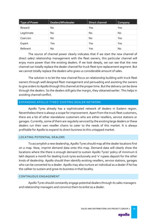 SALES AND DISTRIBUTION LIVE PROJECT | GROUP 2 20
Type of Power Dealers/Wholesaler Direct channel Company
Reward No Yes Yes
Legitimate No No No
Coercion No No Yes
Expert Yes Yes Yes
Referent No Yes No
The source of channel power clearly indicates that if we start the new channel of
direct sales/ relationship management with the fleet owners, this particular channel will
enjoy more power than the existing dealers. If we look deeply, we can see that the new
channel can totally replace the dealer channel for truck fleet tyre replacement segment. But
we cannot totally replace the dealers who gives us considerable amount of sales.
The solution is to let the new channel focus on relationship building with truck fleet
owners through well designed fleet management and persuading and assisting the owners
to give orders to Apollo through this channel at the proper time. But the delivery can be done
through the dealers. So the dealers still gets the margin, they obtained earlier. This helps in
avoiding channel conflict.
EXPANDING APOLLO TYRES EXISTING DEALER NETWORK
Apollo Tyres already has a sophisticated network of dealers in Eastern region.
Nevertheless there is always a scope for improvement. Apart from the truck fleet customers,
there are a lot of other standalone customers who are either resellers, service stations or
garages. Currently, some of them are regularly serviced by the existing large dealers or these
dealers run their own reseller chains to cater to the needs of this market. It is always
profitable for Apollo to expand its direct business to this untapped market.
LOCATING POTENTIAL DEALERS
To accomplish a new dealership, Apollo Tyres should map all the dealer locations first
on a map. Now, imprint demand data onto this map. Demand data will clearly show the
locations where the there is enough demand to sustain Apollo Tyres policy of minimum
lakh deposit a month for dealing truck tyres exclusively and x rupees deposit for the other
kinds of dealership. Apollo should then identify existing resellers, service stations, garages
who can be converted to a dealer. Apollo may also nurture an individual as a dealer if he has
the caliber to sustain and grow its business in that locality.
CONTINUOUS ENGAGEMENT
Apollo Tyres should constantly engage potential dealers through its sales managers
and relationship managers and convince them to enlist as a dealer.
 