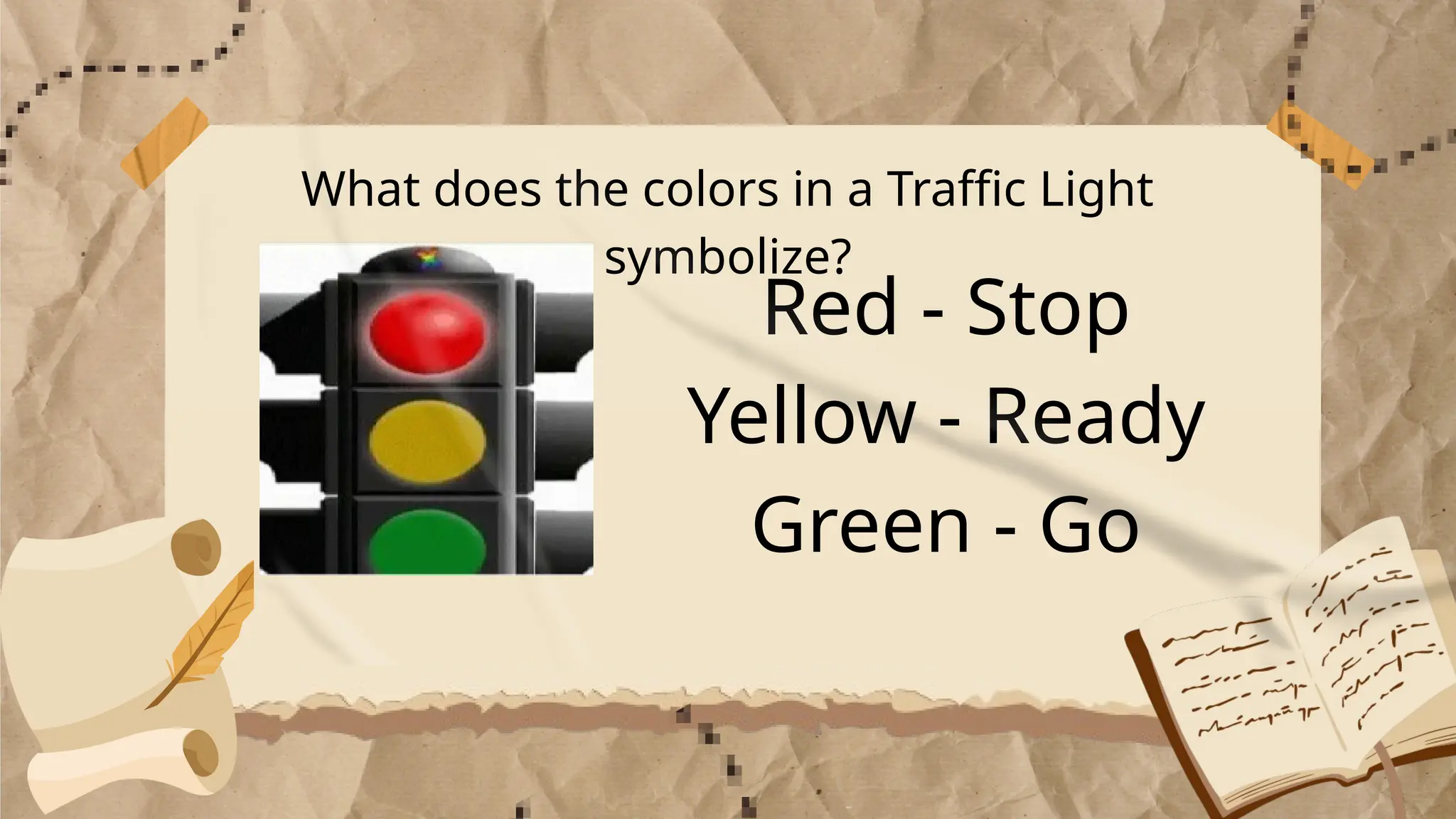 What does the colors in a Traffic Light
symbolize?
Red - Stop
Yellow - Ready
Green - Go
 