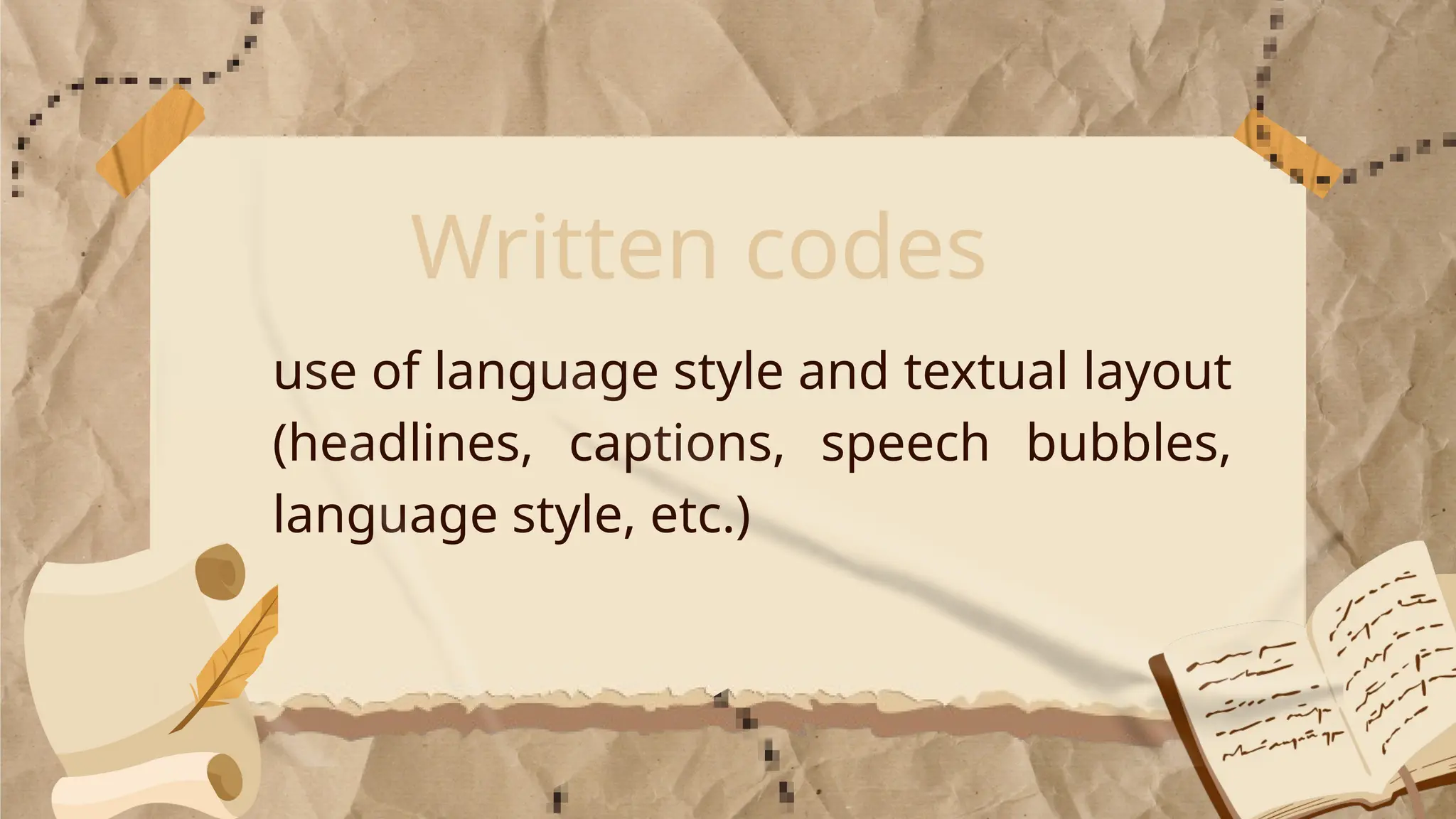 Written codes
use of language style and textual layout
(headlines, captions, speech bubbles,
language style, etc.)
 